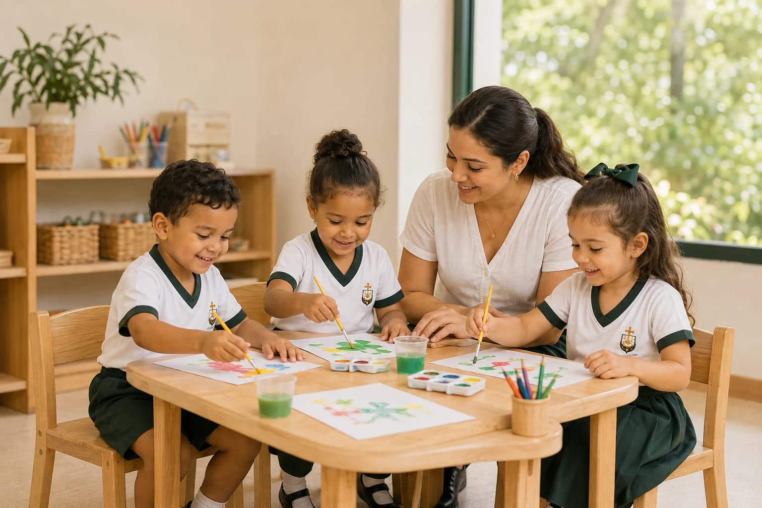 Crianças na Educação Infantil explorando cores e pintura com uma professora