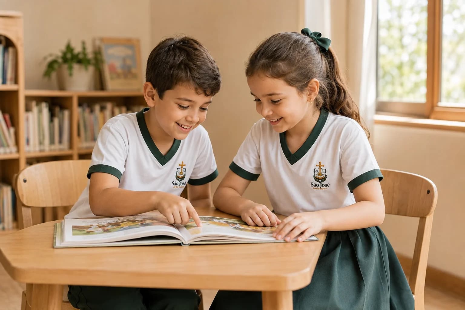 Crianças com uniforme verde e branco compartilhando a leitura de um livro