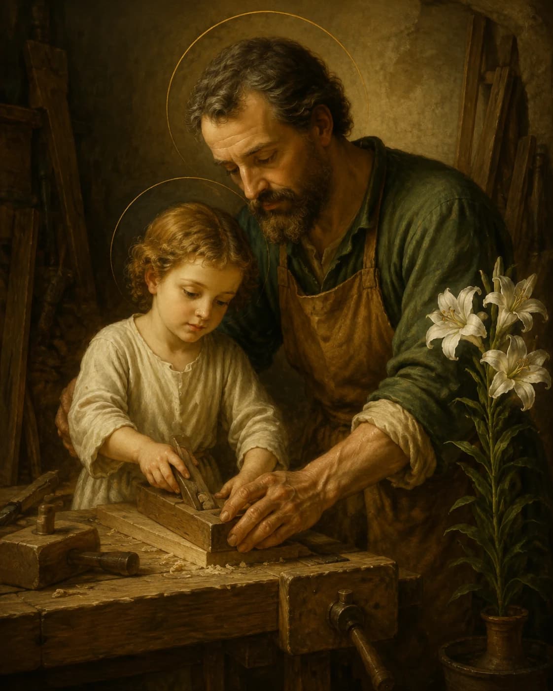Arte sacra de São José ensinando o Menino Jesus, com um lírio branco