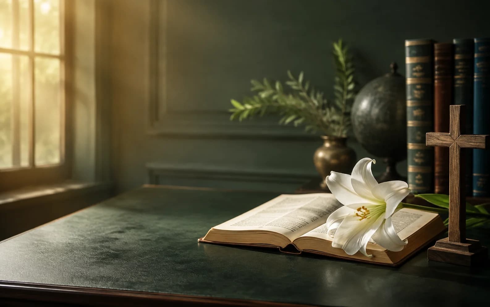 Livro aberto, cruz e lírio branco em uma composição dedicada à fé e ao conhecimento